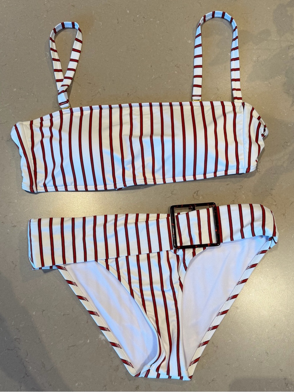 WeWoreWhat White Red Stripe Bikini Set Tortoise Buckle XL Bandeau Top, S Bottom